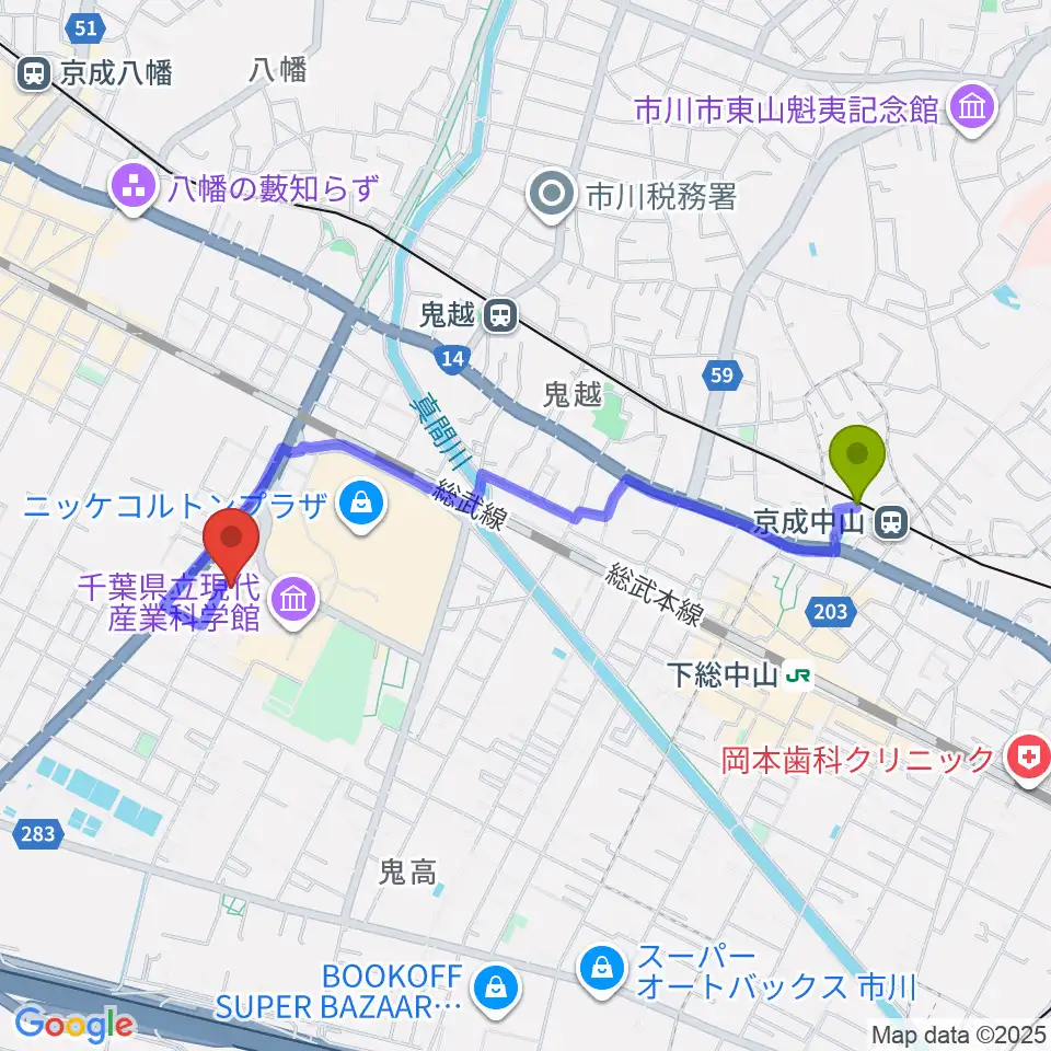 京成中山駅から市川市文学ミュージアムへのルートマップ地図