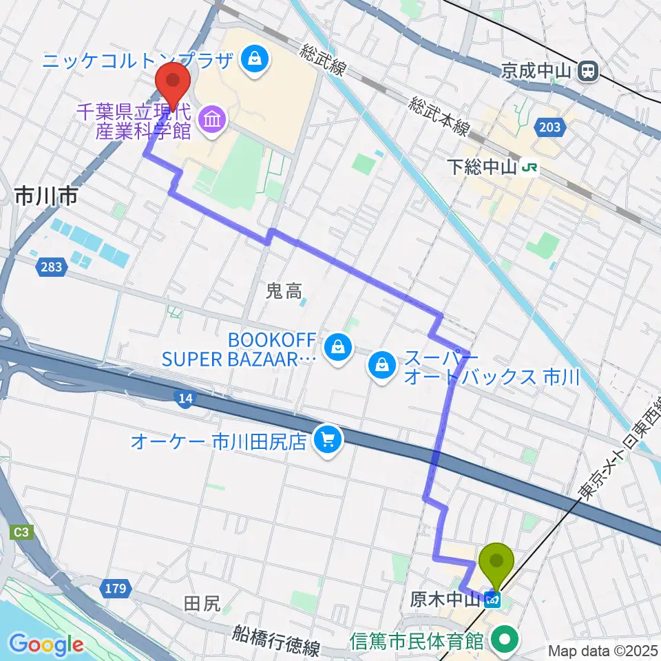 原木中山駅から市川市文学ミュージアムへのルートマップ地図