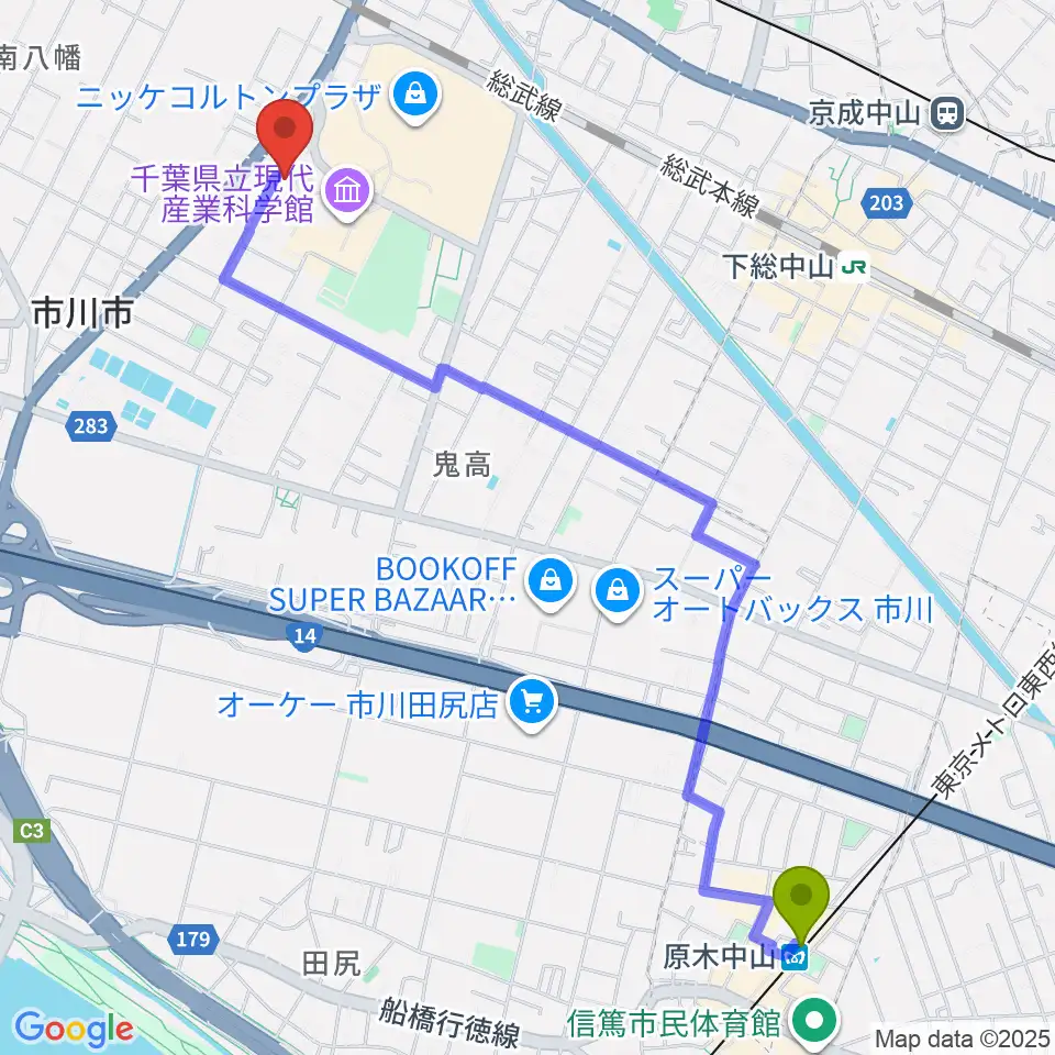 原木中山駅から市川市文学ミュージアムへのルートマップ地図
