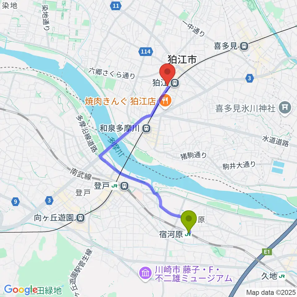 宿河原駅から泉の森会館へのルートマップ地図