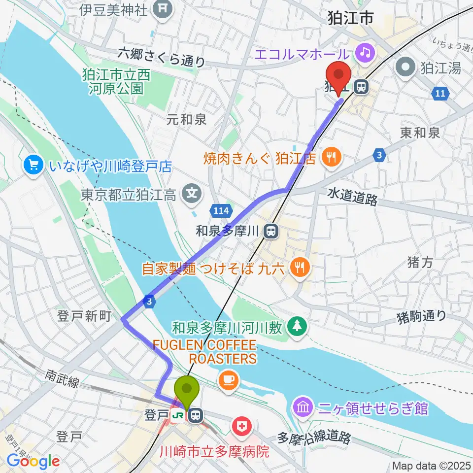 登戸駅から泉の森会館へのルートマップ地図