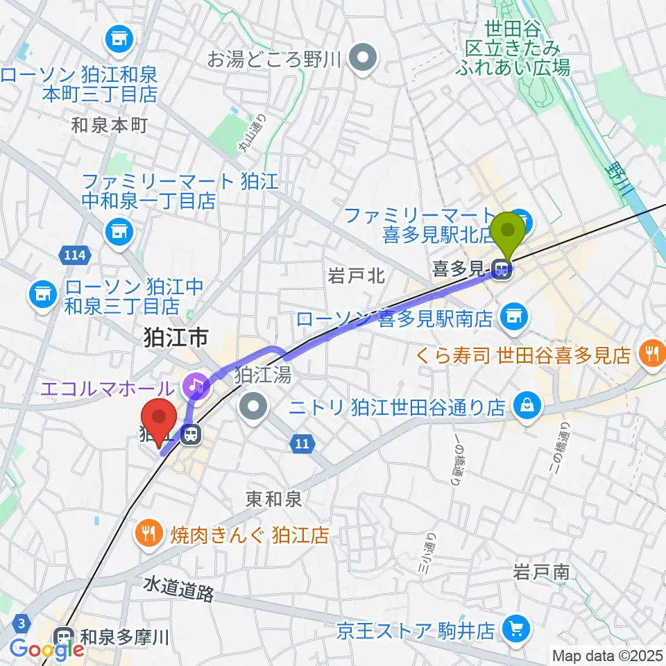 喜多見駅から泉の森会館へのルートマップ地図