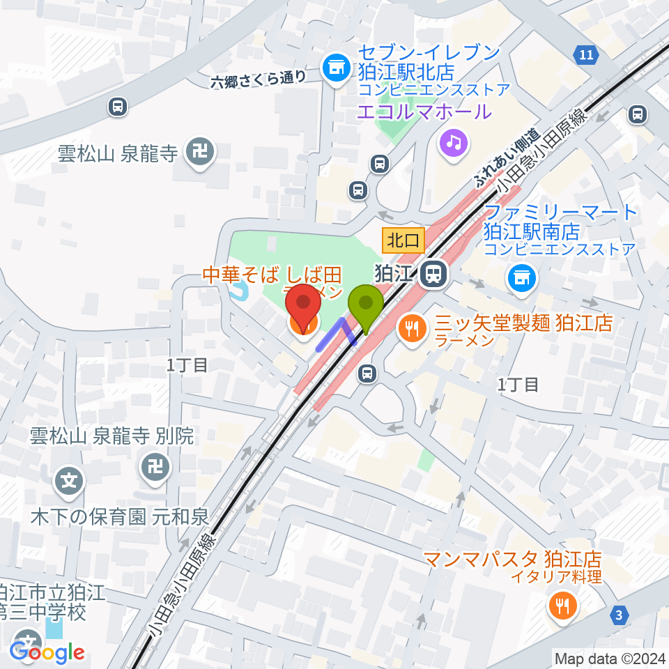 泉の森会館の最寄駅狛江駅からの徒歩ルート（約1分）地図