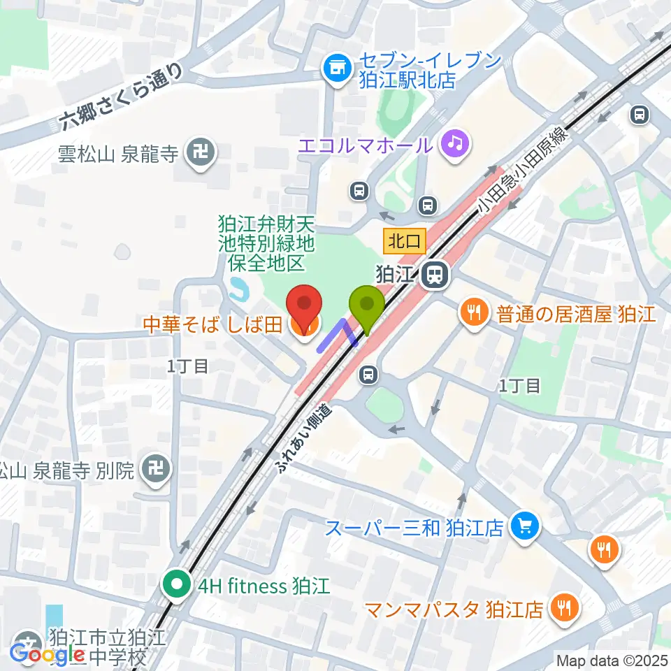 泉の森会館の最寄駅狛江駅からの徒歩ルート（約1分）地図