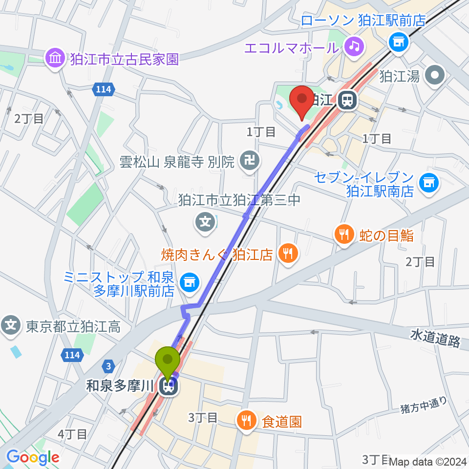 和泉多摩川駅から泉の森会館へのルートマップ地図