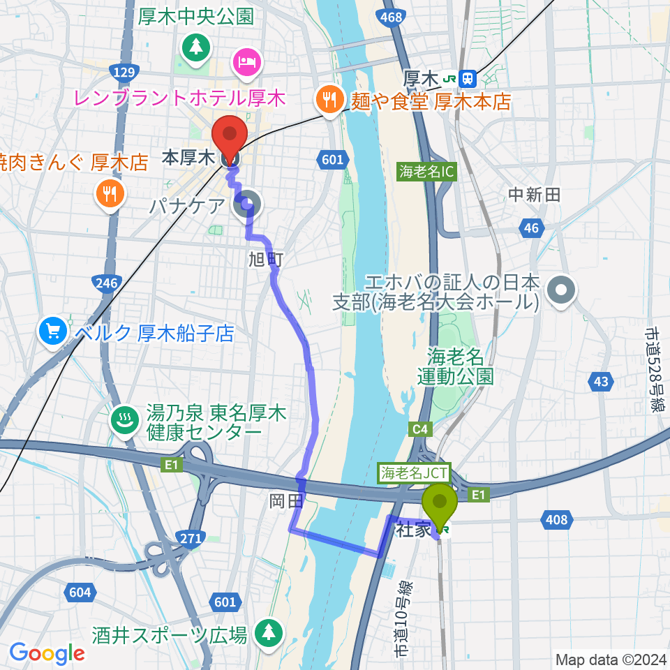 社家駅から新堀ギター音楽院 本厚木教室へのルートマップ地図