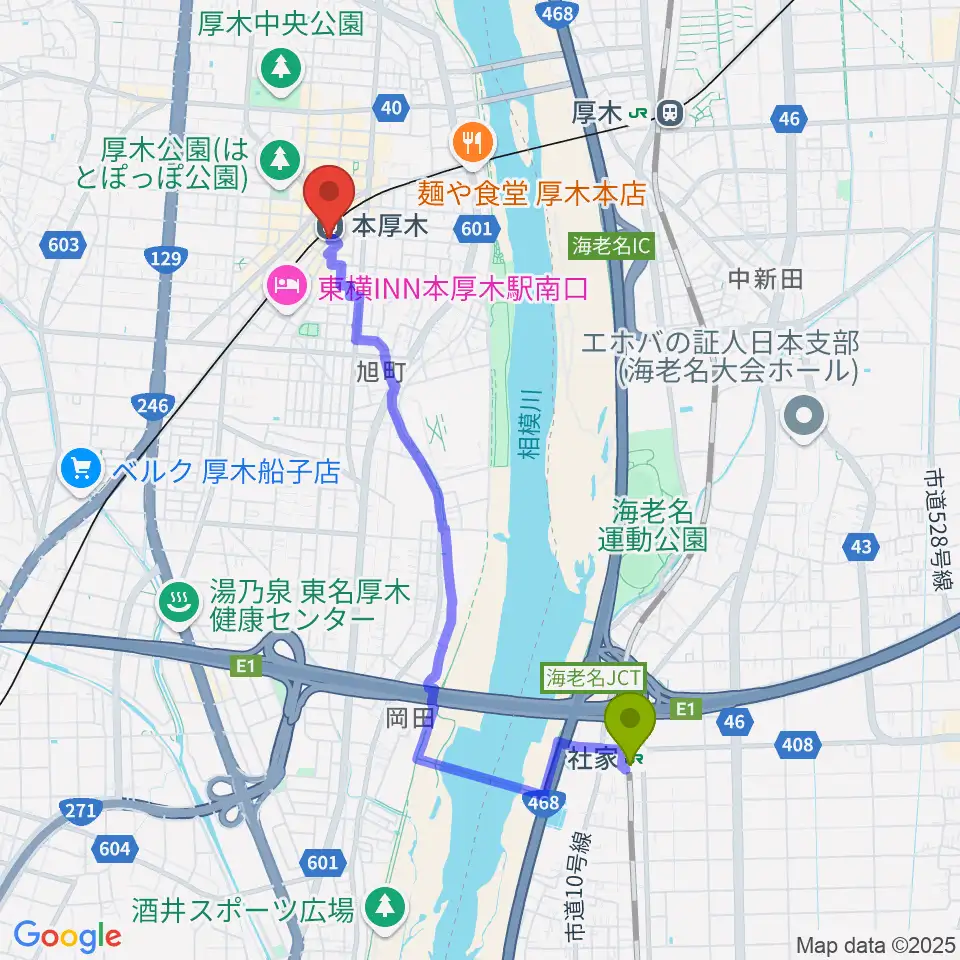 社家駅から新堀ギター音楽院 本厚木教室へのルートマップ地図