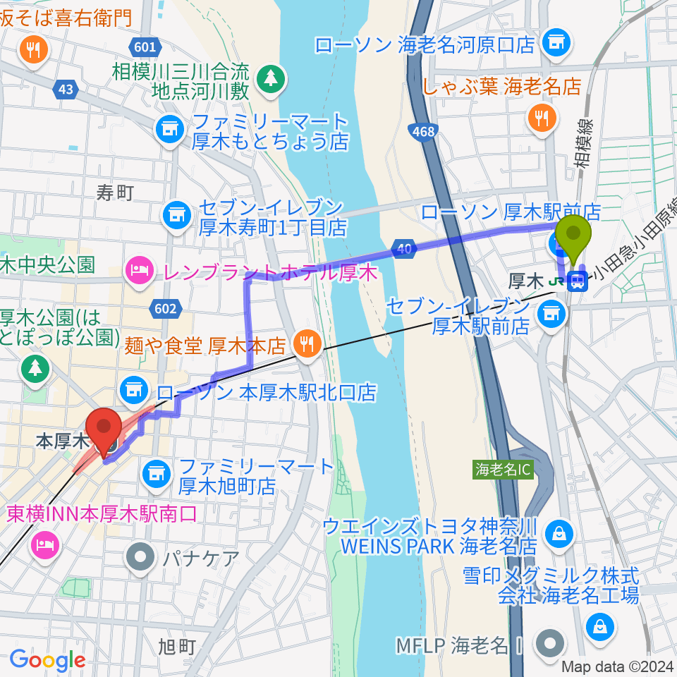 厚木駅から新堀ギター音楽院 本厚木教室へのルートマップ地図