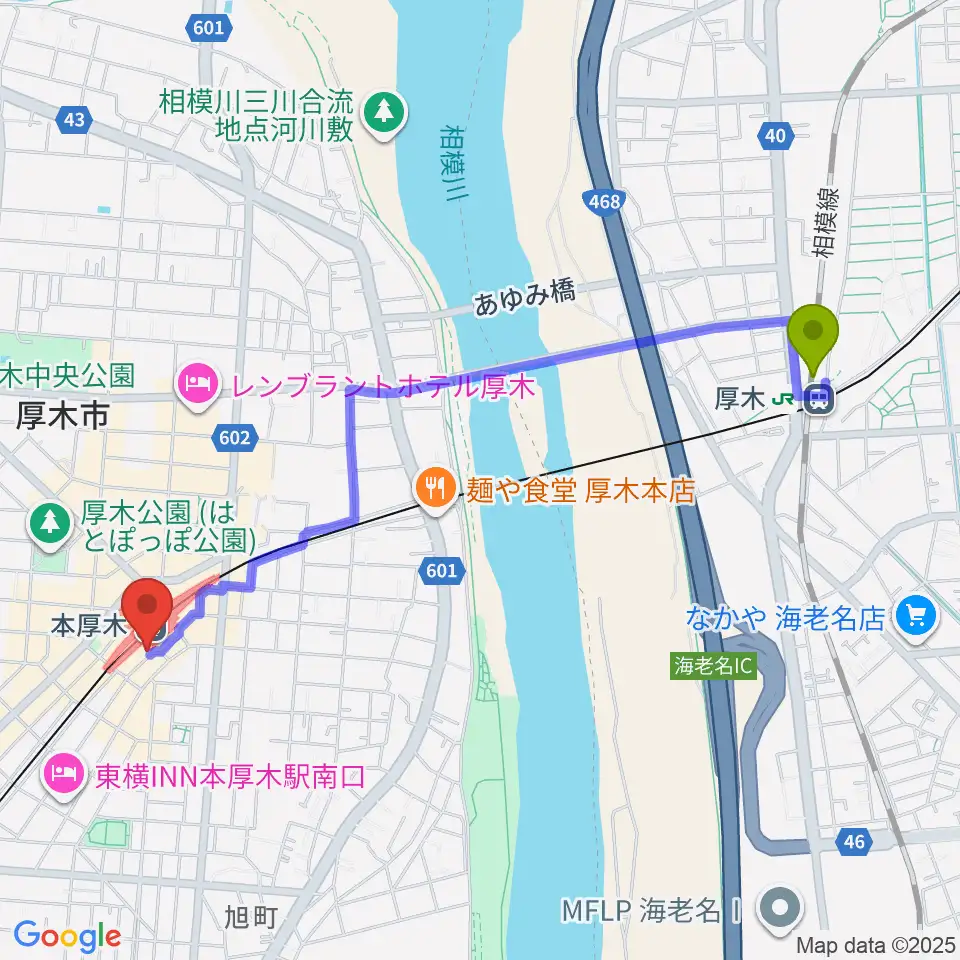 厚木駅から新堀ギター音楽院 本厚木教室へのルートマップ地図