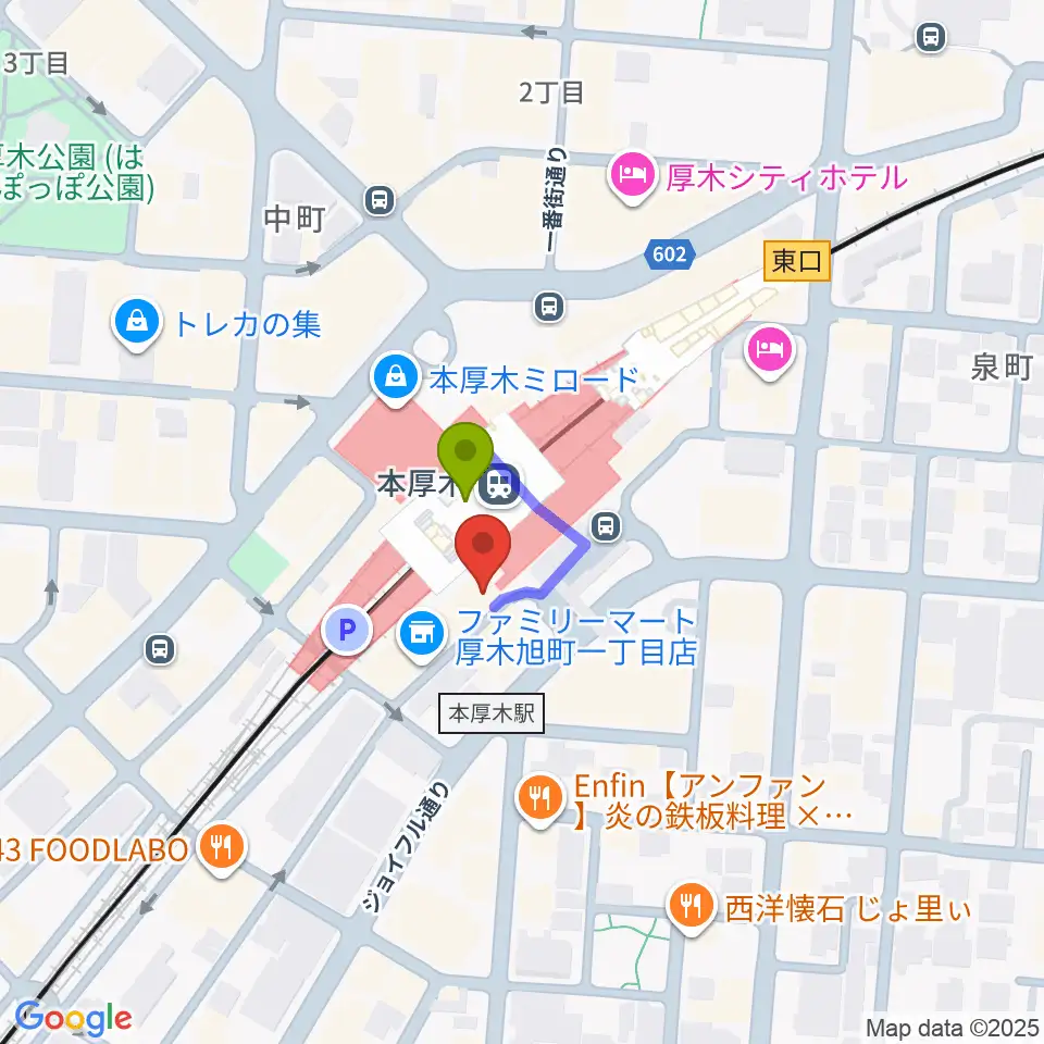 新堀ギター音楽院 本厚木教室の最寄駅本厚木駅からの徒歩ルート（約1分）地図