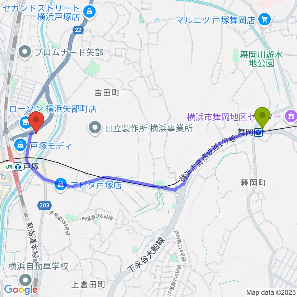 舞岡駅から修理屋ぎたべーへのルートマップ地図