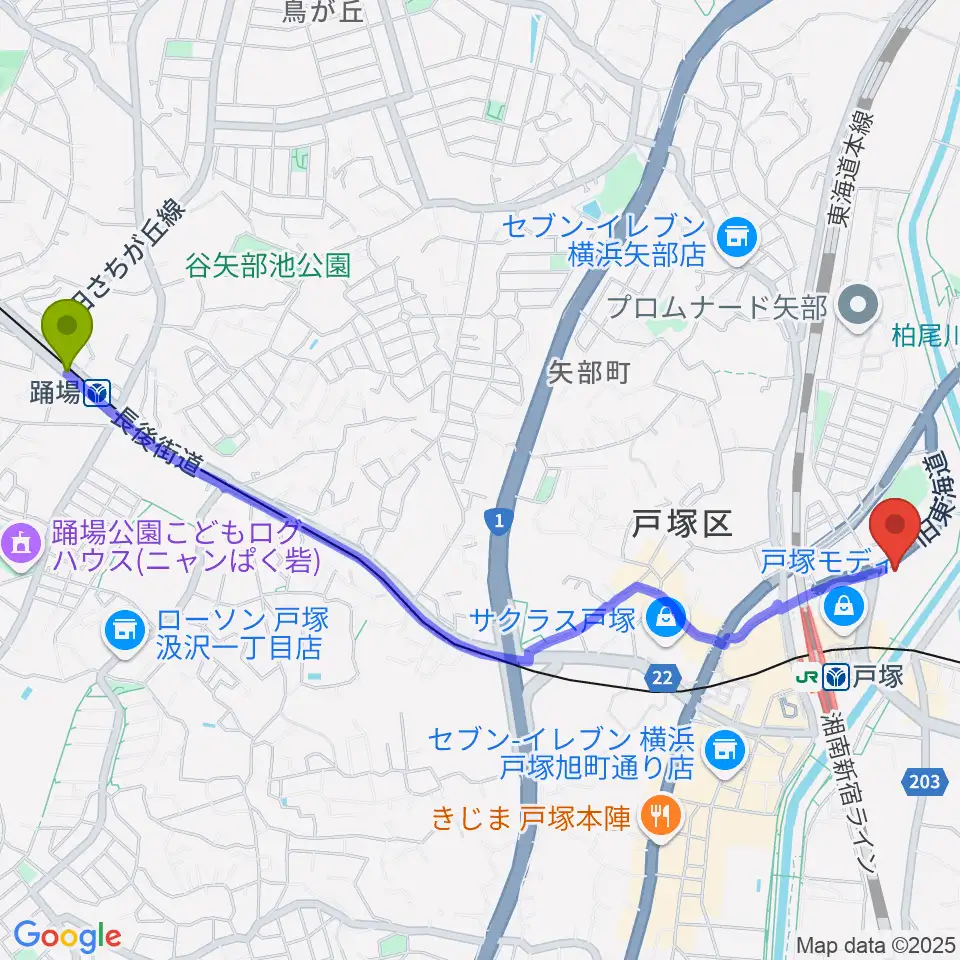 踊場駅から修理屋ぎたべーへのルートマップ地図