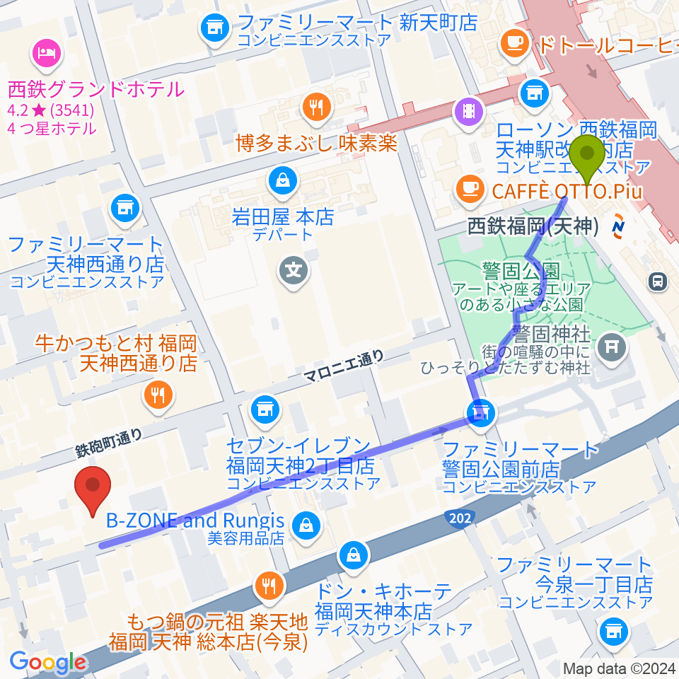 ティエンポ・ホールの最寄駅西鉄福岡（天神）駅からの徒歩ルート（約7分）地図