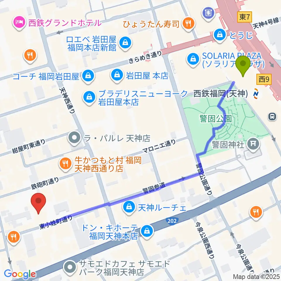 ティエンポ・ホールの最寄駅西鉄福岡（天神）駅からの徒歩ルート（約7分）地図