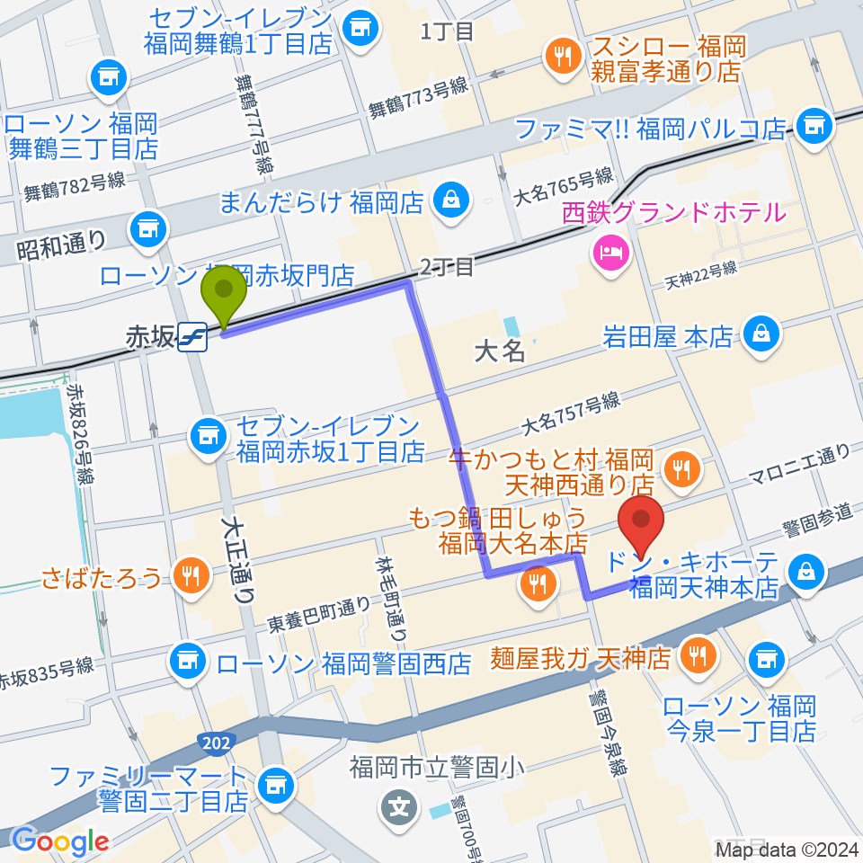 赤坂駅からティエンポ・ホールへのルートマップ地図