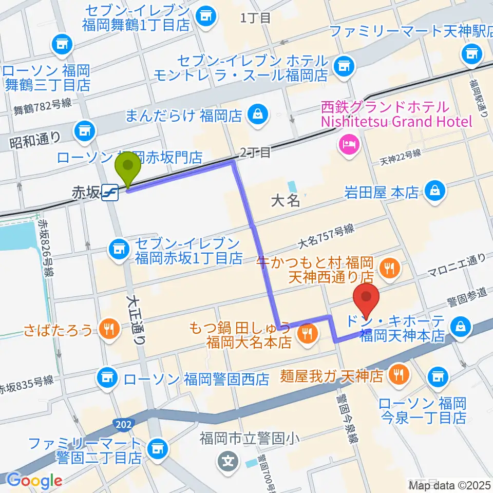 赤坂駅からティエンポ・ホールへのルートマップ地図