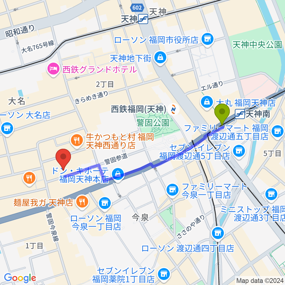 天神南駅からティエンポ・ホールへのルートマップ地図