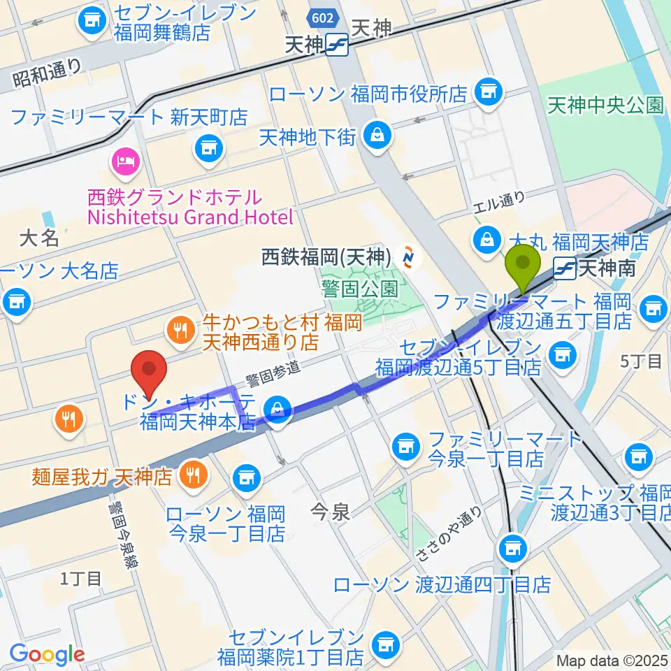 天神南駅からティエンポ・ホールへのルートマップ地図