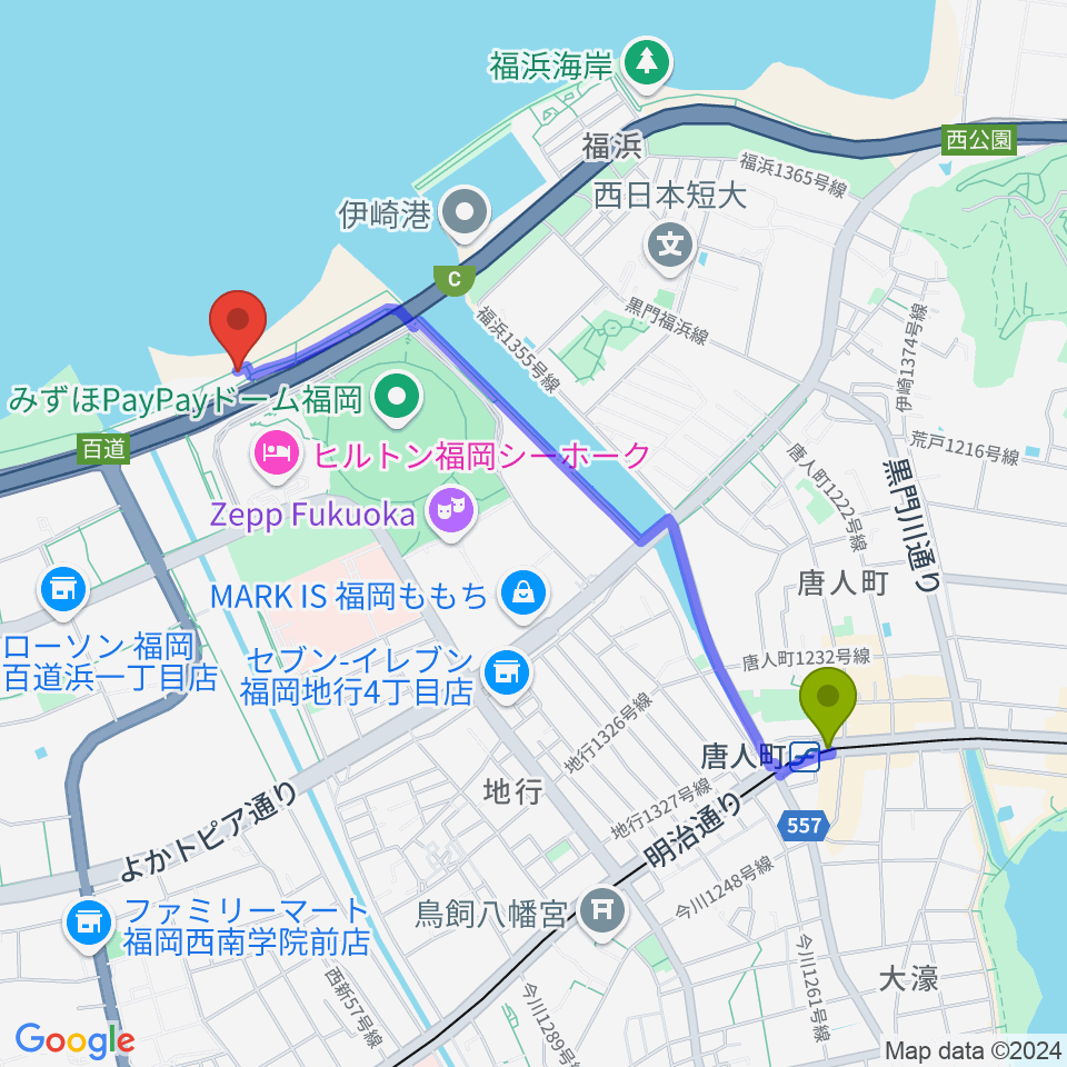 シーサイドももち海浜公園の最寄駅唐人町駅からの徒歩ルート（約21分）地図