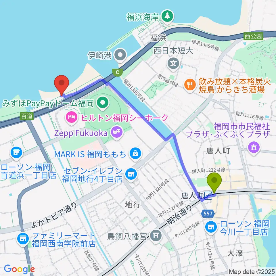 シーサイドももち海浜公園の最寄駅唐人町駅からの徒歩ルート（約21分）地図