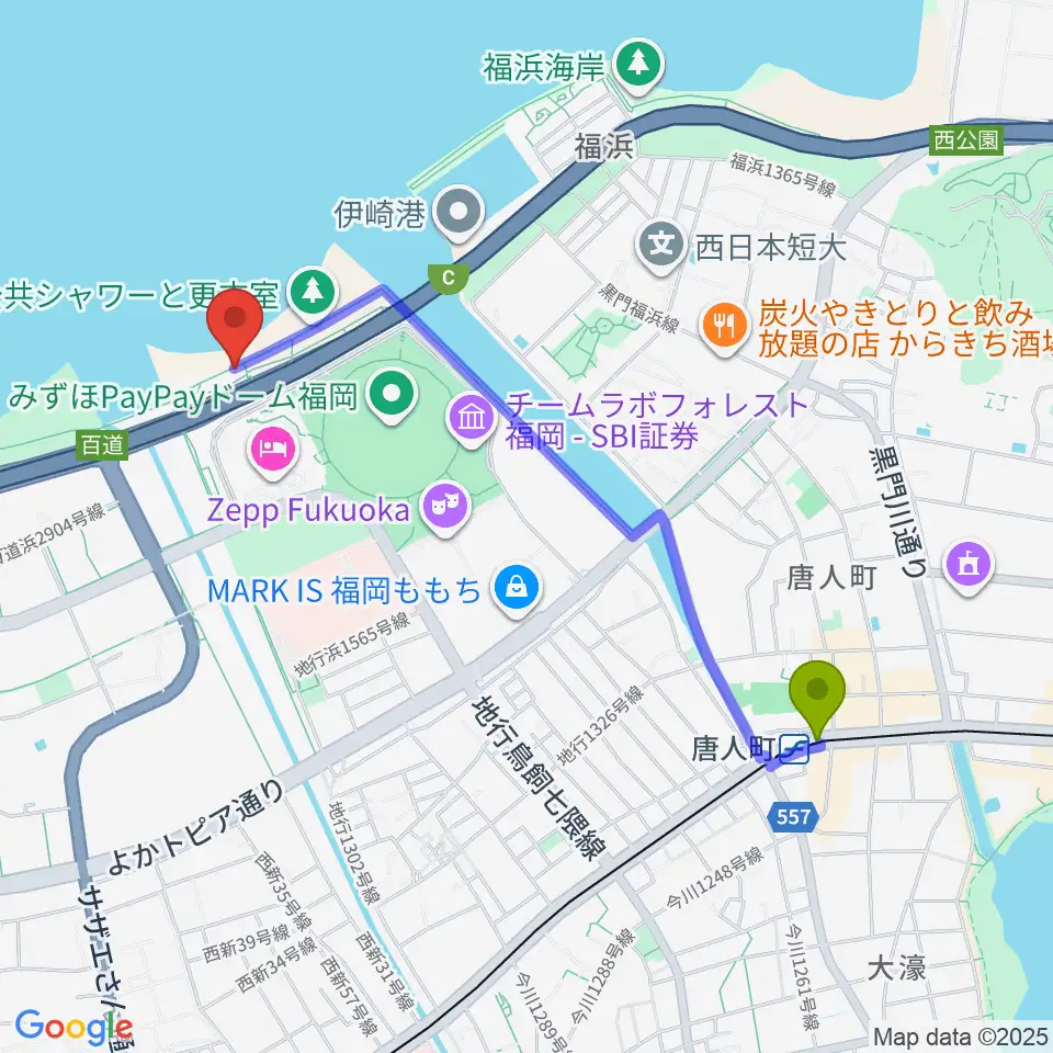 シーサイドももち海浜公園の最寄駅唐人町駅からの徒歩ルート（約21分）地図