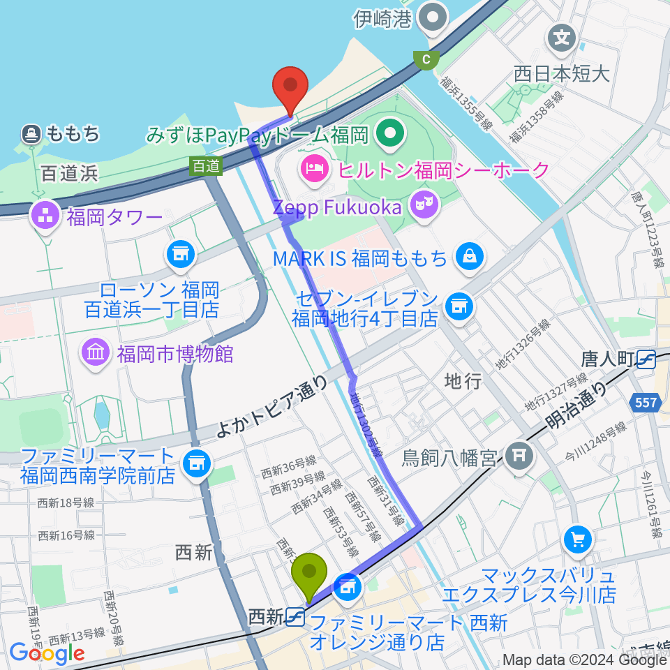 西新駅からシーサイドももち海浜公園へのルートマップ地図