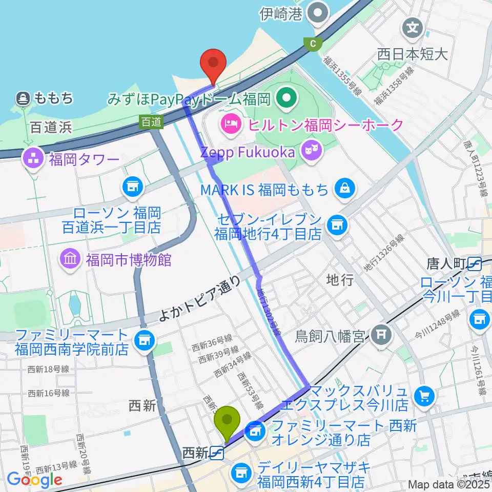 西新駅からシーサイドももち海浜公園へのルートマップ地図