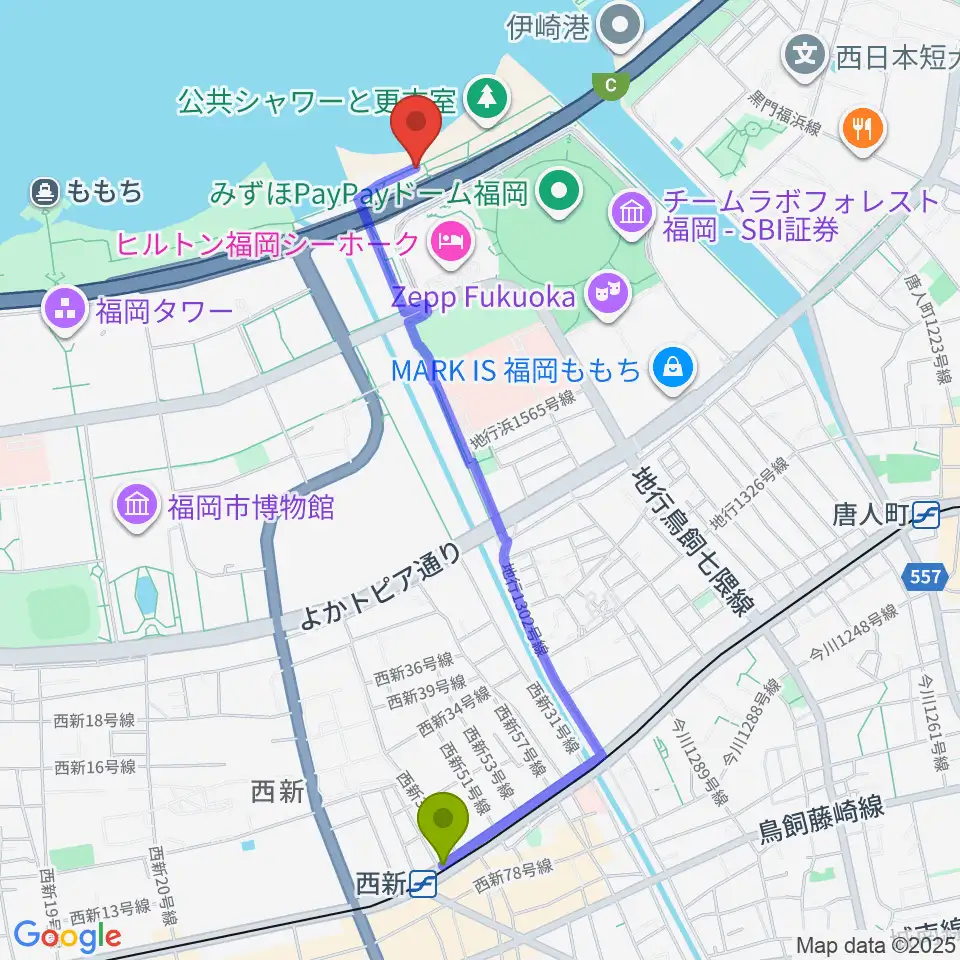 西新駅からシーサイドももち海浜公園へのルートマップ地図