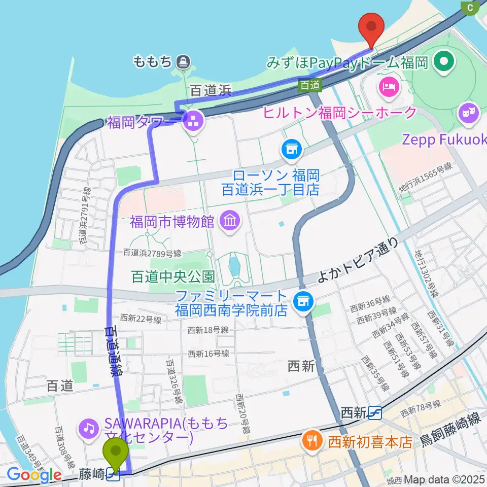 藤崎駅からシーサイドももち海浜公園へのルートマップ地図