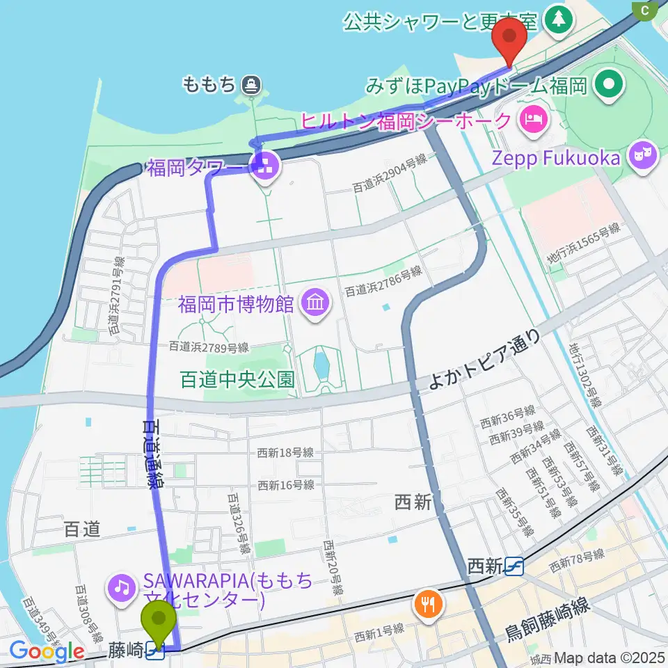 藤崎駅からシーサイドももち海浜公園へのルートマップ地図
