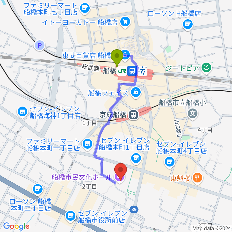 船橋市民文化ホールの最寄駅船橋駅からの徒歩ルート（約8分）地図