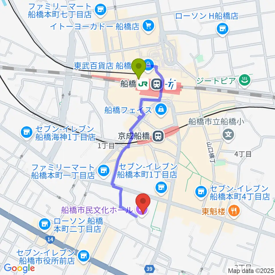 船橋市民文化ホールの最寄駅船橋駅からの徒歩ルート（約8分）地図