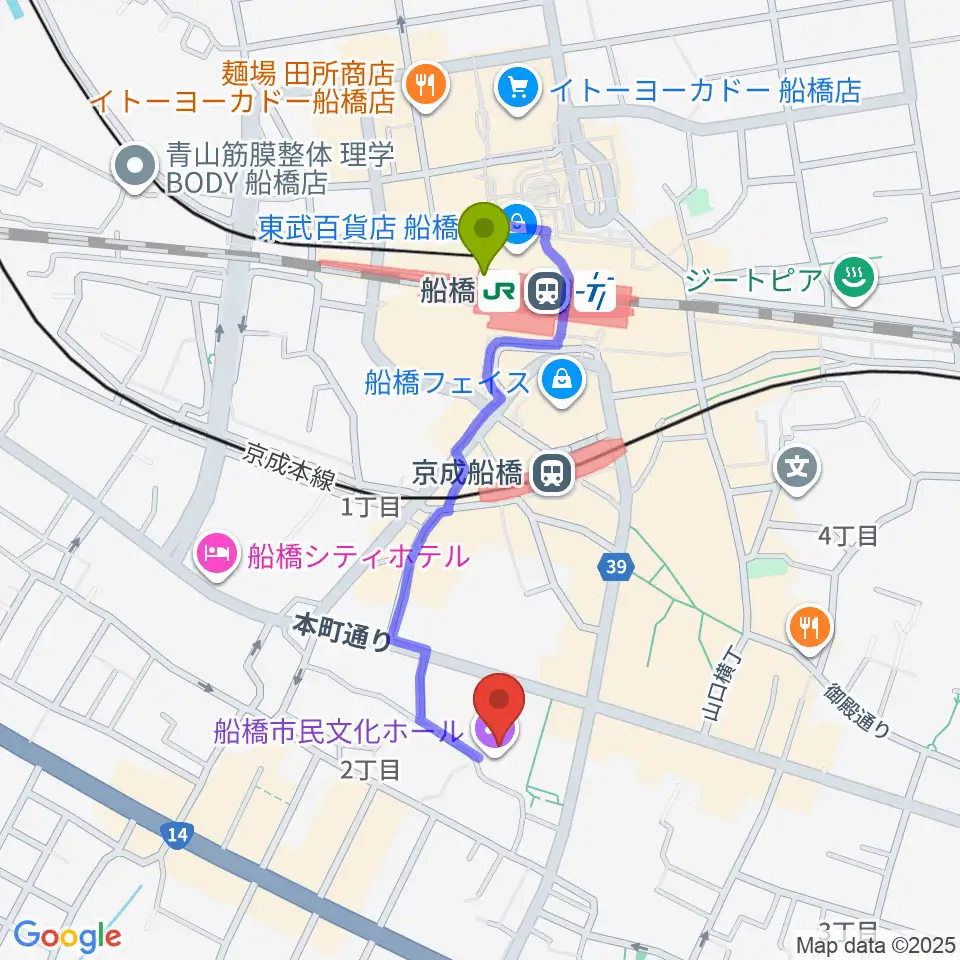 船橋市民文化ホールの最寄駅船橋駅からの徒歩ルート（約8分）地図