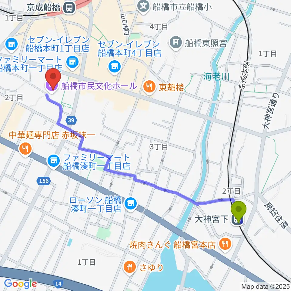 大神宮下駅から船橋市民文化ホールへのルートマップ地図