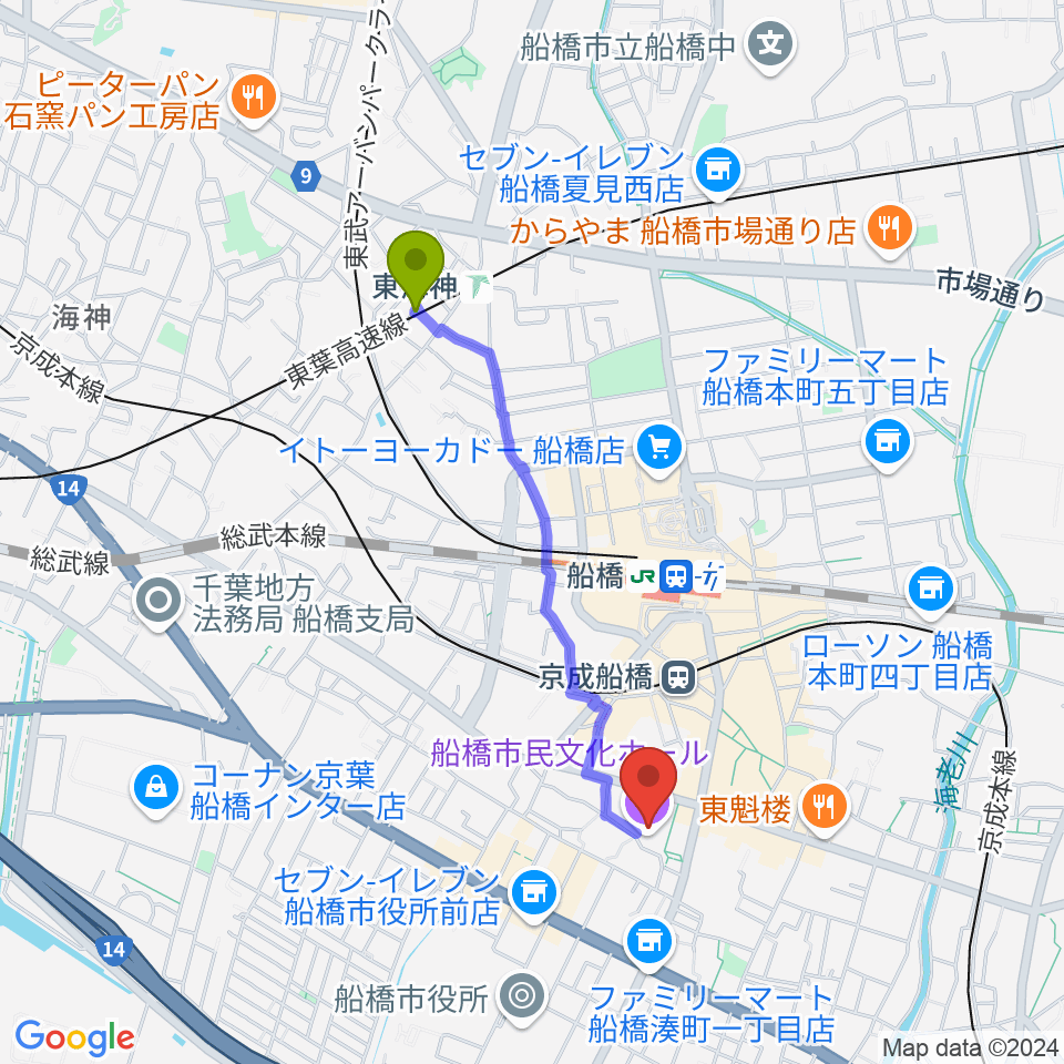 東海神駅から船橋市民文化ホールへのルートマップ地図