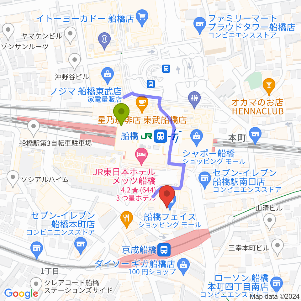 船橋市民文化創造館 きららホールの最寄駅船橋駅からの徒歩ルート（約2分）地図