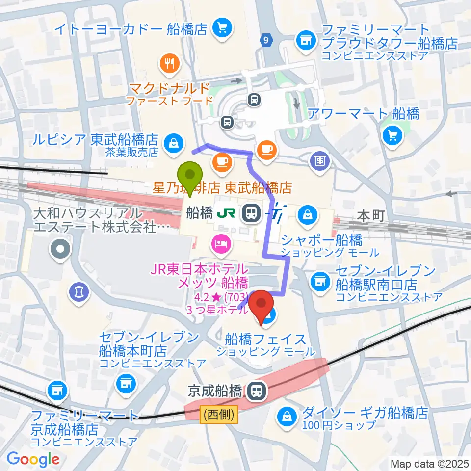 船橋市民文化創造館 きららホールの最寄駅船橋駅からの徒歩ルート（約2分）地図