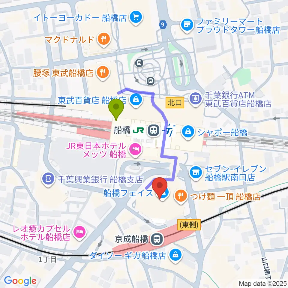 船橋市民文化創造館 きららホールの最寄駅船橋駅からの徒歩ルート（約2分）地図