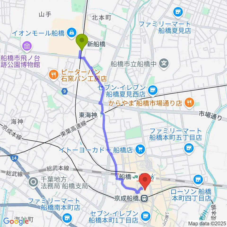 新船橋駅から船橋市民文化創造館 きららホールへのルートマップ地図