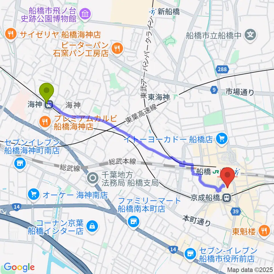 海神駅から船橋市民文化創造館 きららホールへのルートマップ地図