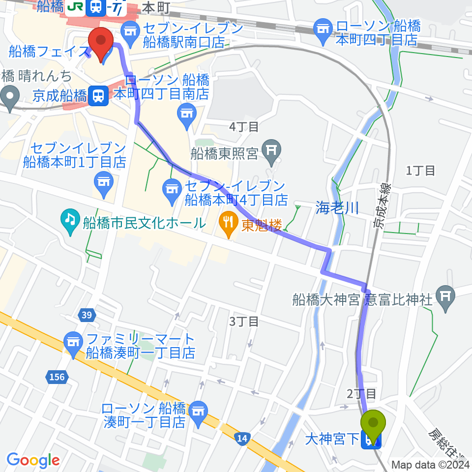 大神宮下駅から船橋市民文化創造館 きららホールへのルートマップ地図