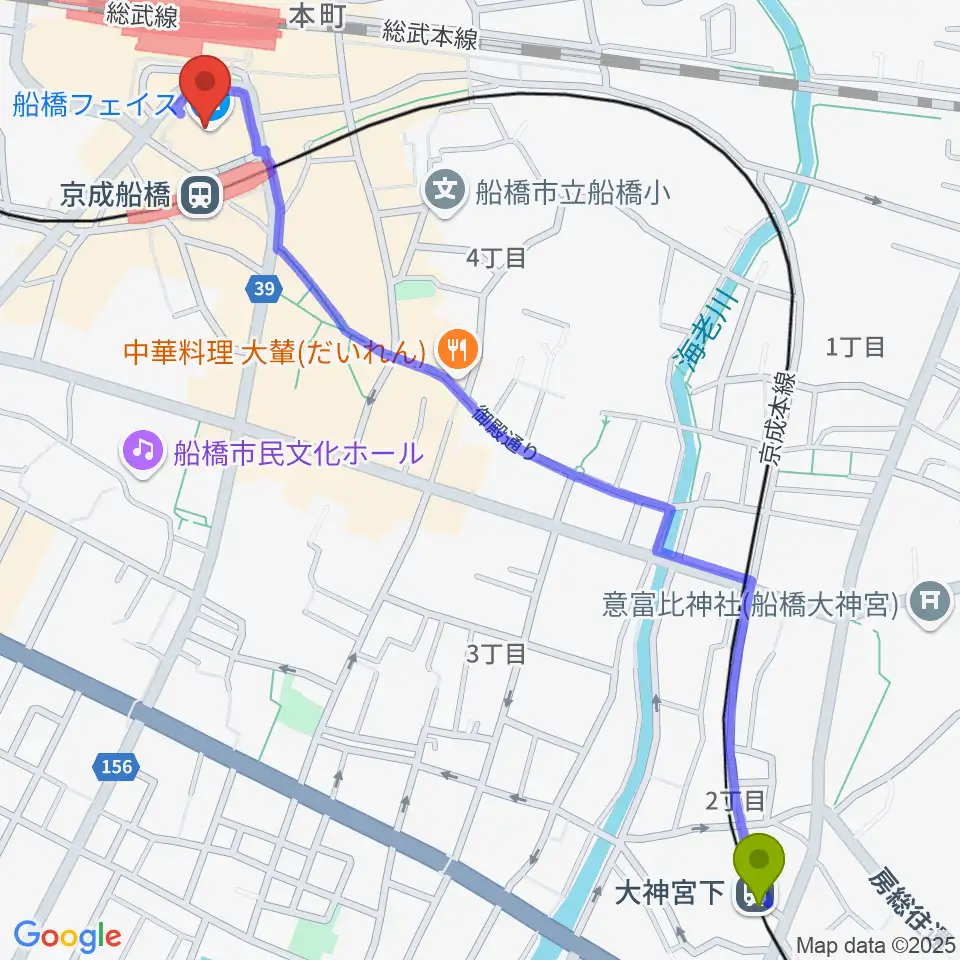 大神宮下駅から船橋市民文化創造館 きららホールへのルートマップ地図