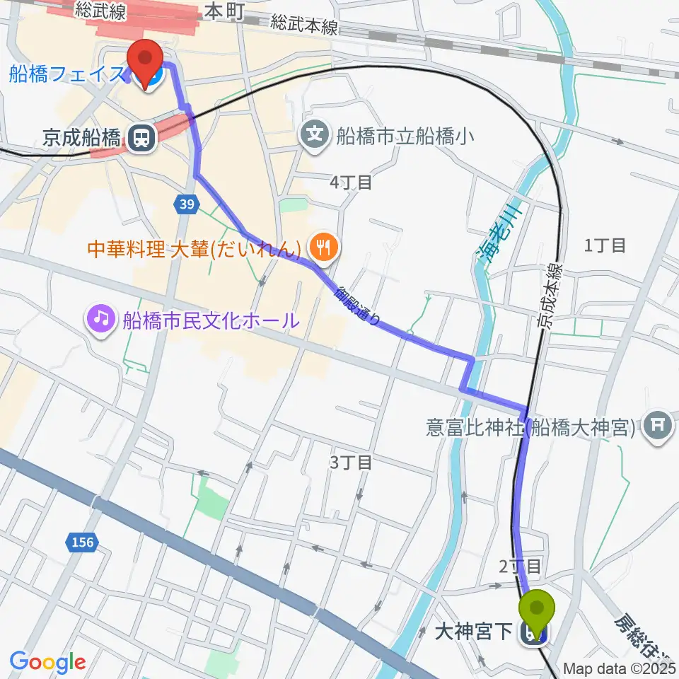 大神宮下駅から船橋市民文化創造館 きららホールへのルートマップ地図