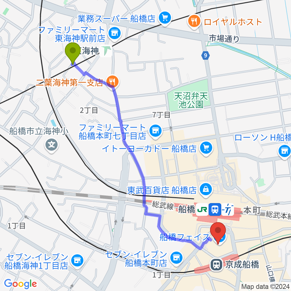 東海神駅から船橋市民文化創造館 きららホールへのルートマップ地図