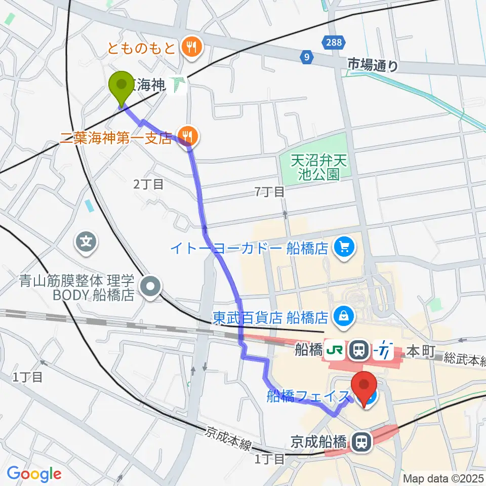 東海神駅から船橋市民文化創造館 きららホールへのルートマップ地図