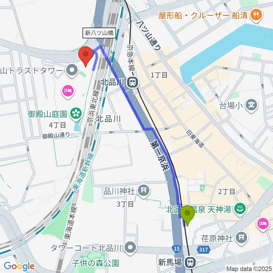 新馬場駅からキリスト品川教会 グローリア・チャペルへのルートマップ地図