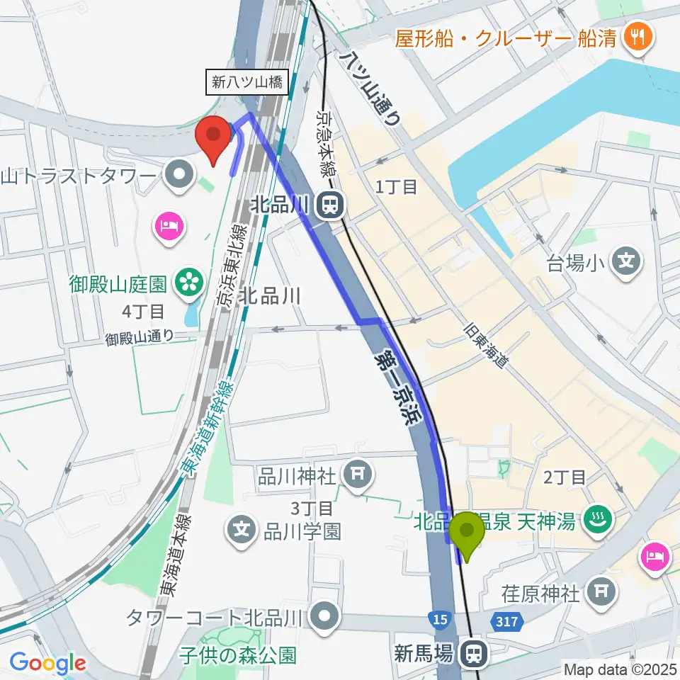 新馬場駅からキリスト品川教会 グローリア・チャペルへのルートマップ地図