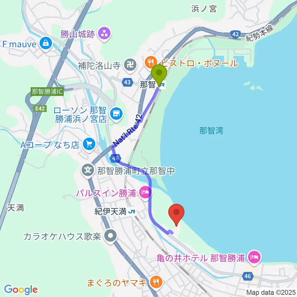 那智駅から那智勝浦町体育文化会館へのルートマップ地図