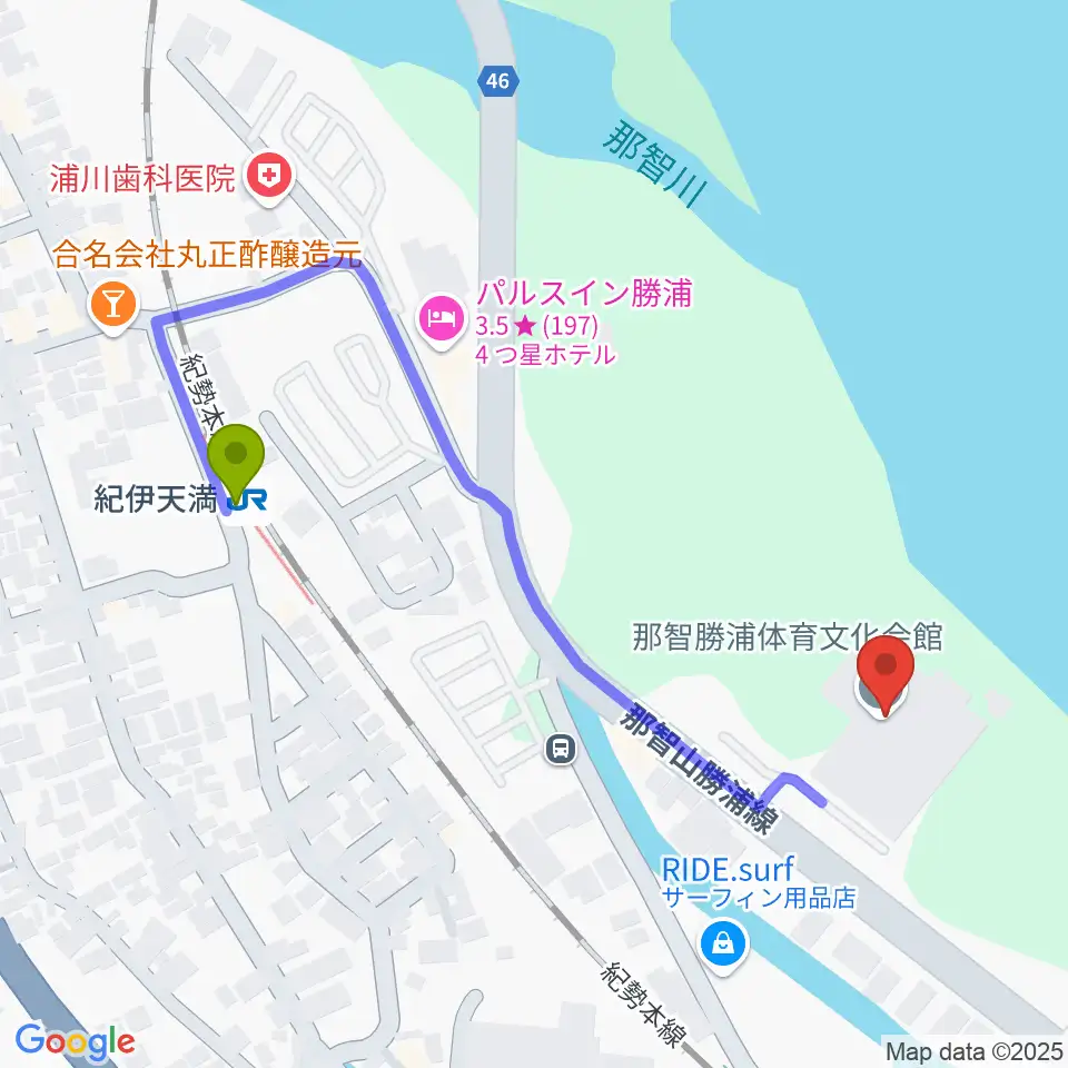 那智勝浦町体育文化会館の最寄駅紀伊天満駅からの徒歩ルート（約5分）地図