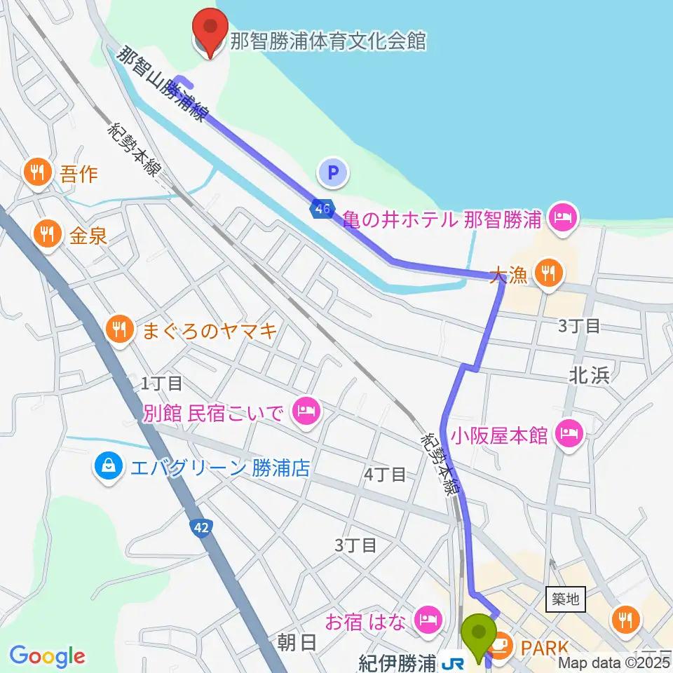 紀伊勝浦駅から那智勝浦町体育文化会館へのルートマップ地図